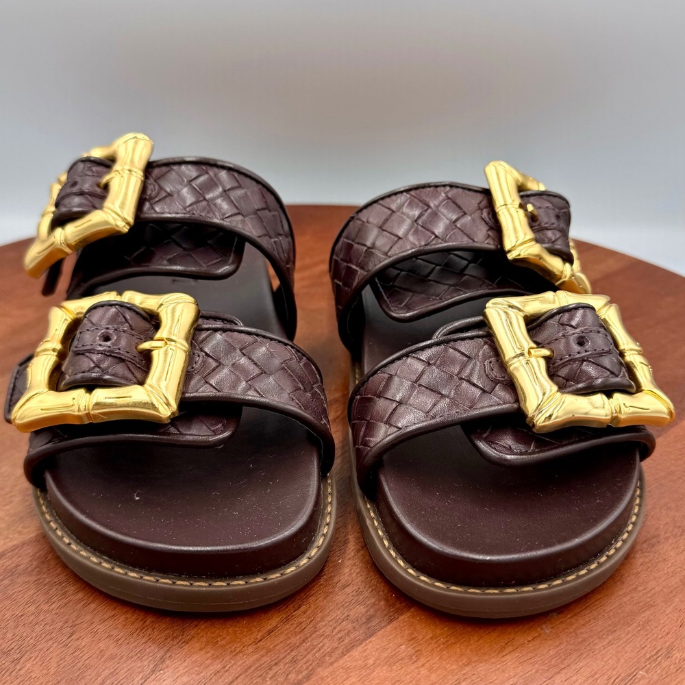 Schutz Enola Sporty Woven Dark Choco Brown Leather Bamboo Buckle Sandals Women 5